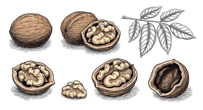 Detailed hand drawn walnut collection with whole shells, cracked halves, kernels, and green leaf branch.