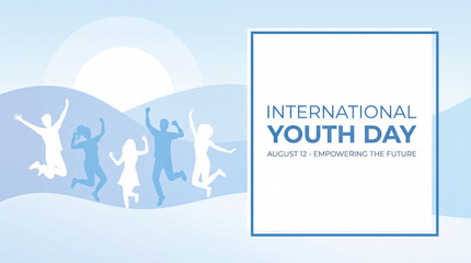 Fototapeta premium International Youth Day banner with silhouettes of happy people jumping, August 12 empowering the future concept, blue minimalist social media graphic