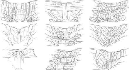 Waterfall Landscape Outline Vector Collection Featuring Canyon Cascades Rocky Cliffs and Natural Scenic Environment Illustrations © MD