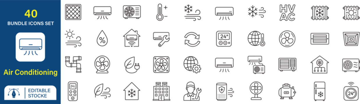 Air Conditioning Vector Outline Icons Set &ndash; Editable HVAC, Climate Control, Cooling, Ventilation and Smart Temperature Line Symbols Collection