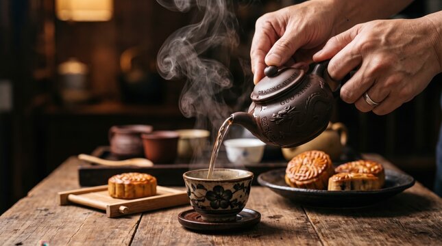 Traditional chinese tea ceremony with mooncakes on a rustic wooden table