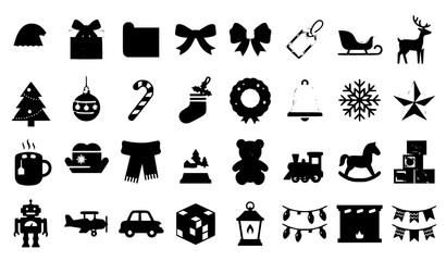 Modern Christmas holiday and toy flat icon collection with Santa gifts reindeer festive decorations and seasonal symbols isolated on white background © Jahangir