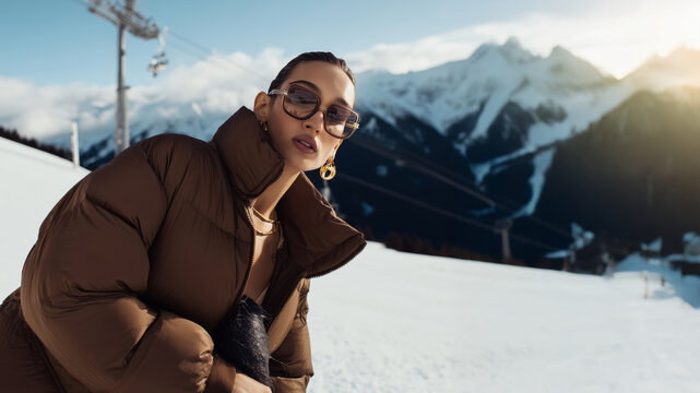 Moda de lujo en invierno con mujer joven en paisaje de monta&ntilde;a nevada, Estilo de vida aut&eacute;ntico en la nieve con ropa de abrigo elegante y luz natural