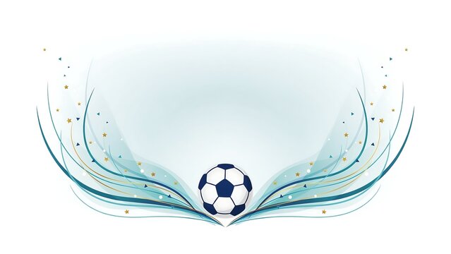 A soccer ball flies through dynamic blue swirls and colorful dots in a lively sports scene.