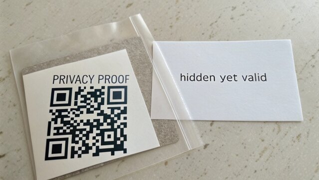 Privacy proof label with QR code and note showcasing hidden information while maintaining validation on a marble surface