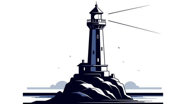 Lighthouse beacon on rocky coastline graphic illustration.