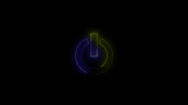 Glowing neon yellow and blue color power button icon animation technology shutdown screen turn on off button stop startup computer and mobile phone electric futuristic on black background	