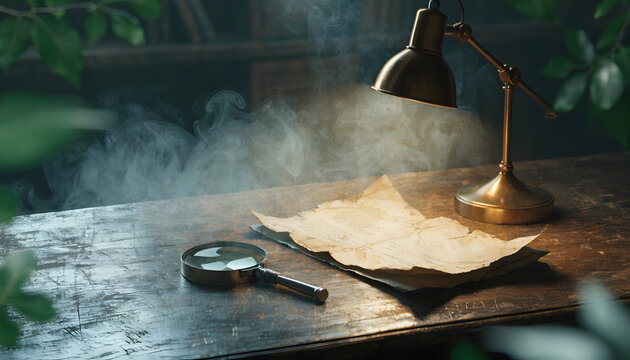 Magnifying glass and old document on wooden desk. Investigation research and mystery concept. Desk lamp illuminating historic paper amid smoke
