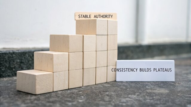 Wooden blocks arranged in steps symbolizing stable authority and consistency in building achievable plateaus for success