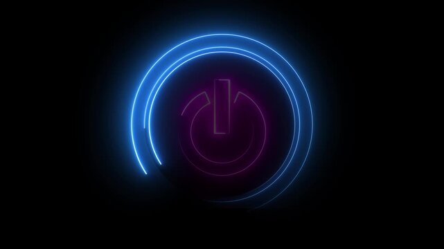 Glowing neon red and blue color power button icon animation technology shutdown screen turn on off button stop startup computer and mobile phone electric futuristic on black background	