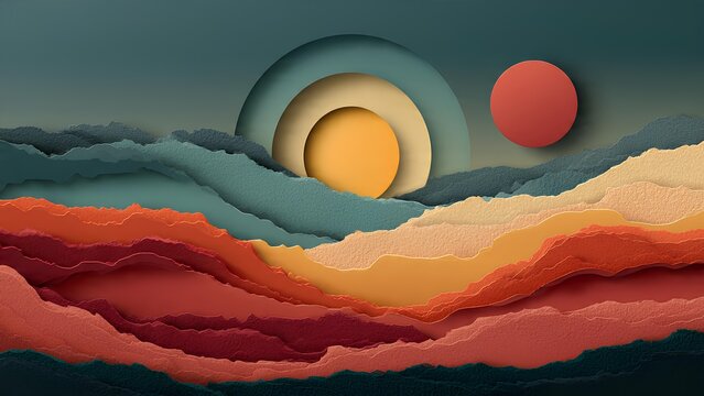 Abstract layered landscape with a binary sun system and undulating terrain in warm and cool tones.