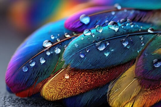 Vibrant Rainbow Feathers with Sparkling Water Droplets