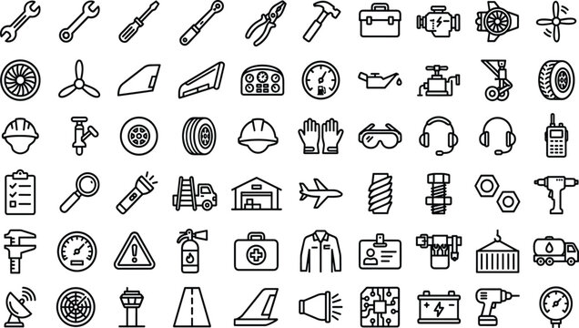 Aircraft Mechanic and Aviation Maintenance Silhouette Icon Set with Jet Engine, Hangar Service, Technical Diagnostics, Repair Tools, and Propeller Symbols for Graphic Designs