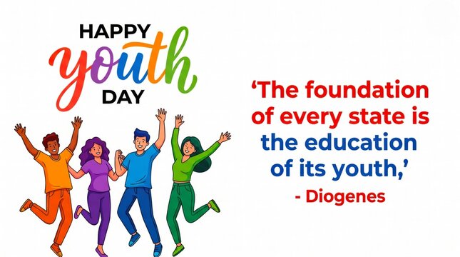 Happy youth day celebration with diverse children jumping and quote overlay