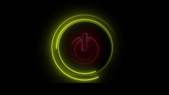 Glowing neon red and yellow color power button icon animation technology shutdown screen turn on off button stop startup computer and mobile phone electric futuristic on black background	