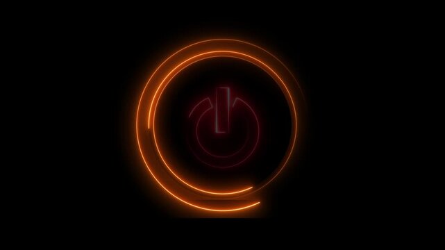 Glowing neon orange color power button icon animation technology shutdown screen turn on off button stop startup computer and mobile phone electric futuristic on black background	