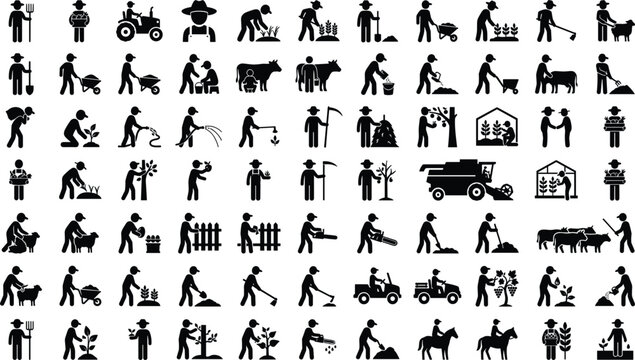 Farmer and Agriculture Silhouette Icon Set with Gardening, Tractor, Harvesting, Livestock Farming, and Countryside Work Symbols for Vector Graphic Designs