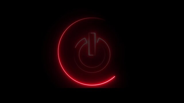 Glowing neon red color power button icon animation technology shutdown screen turn on off button stop startup computer and mobile phone electric futuristic on black background	