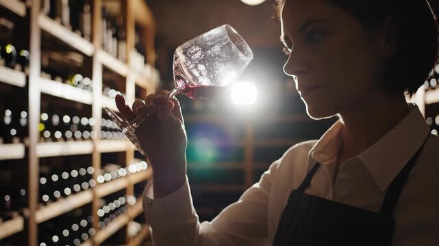 Female Sommelier Inspecting Red Wine Glass in Dark Cellar with Dramatic Backlight