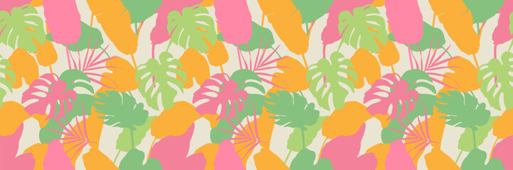 Summer bright seamless pattern for celebrations, branding, banners, cards, covers, labels and posters. Modern abstract art design featuring tropical leaves © Лилия Агапова