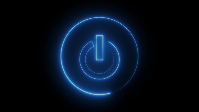 Glowing neon blue color power button icon animation technology shutdown screen turn on off button stop startup computer and mobile phone electric futuristic on black background	