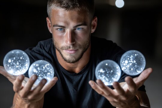 Young man performing with crystal orbs in a dimly lit urban environment at night