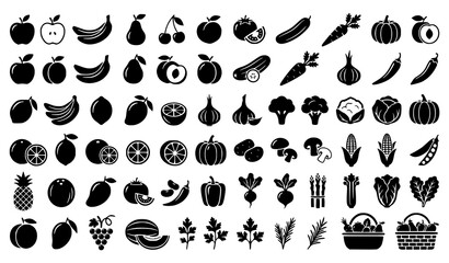 Fototapeta premium Mega Collection of Fruit and Vegetable Black Silhouette Icons for Grocery and Nutrition