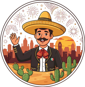Mexican man in traditional charro outfit waving hand with desert landscape and fireworks vector illustration