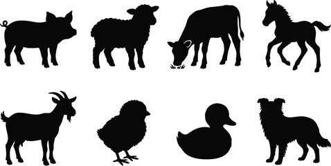 Baby farm animals black silhouette vector icons set featuring piglet lamb calf foal kid chick duckling and puppy © Mehedi