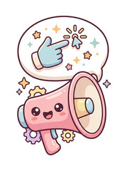 Obraz premium Kawaii Megaphone with Clicking Cursor: A cute and cheerful pink megaphone illustration, featuring a happy face, surrounded by gears and sparkling stars. A speech bubble shows a hand pointing a cursor.