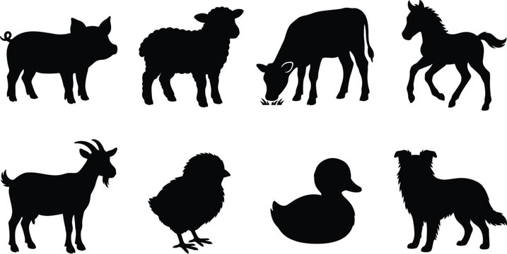 Baby farm animals black silhouette vector icons set featuring piglet lamb calf foal kid chick duckling and puppy