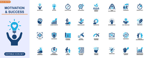 Motivation and success icon set. Goal setting, achievement, growth, teamwork, leadership, productivity, mindset, perseverance, career advancement. Editable icons collection. Vector. © Senoara Studio