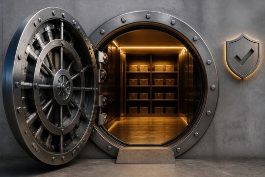 Business security concept with open vault door and protected safe room interior