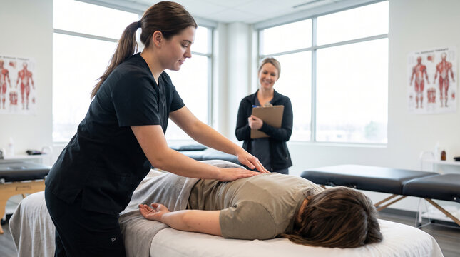 Student practicing massage therapy. Trainee learning physical therapy.