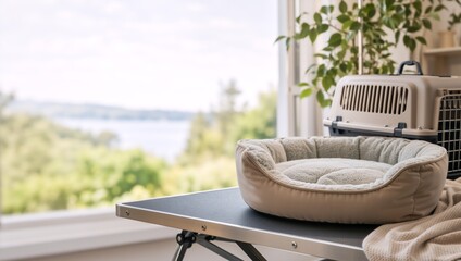 Fototapeta premium Cozy plush pet bed and plastic carrier on a table. Preparation for traveling with dog or cat. Bright room with window view of nature. Copy space for text