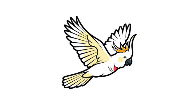 Beautiful white cockatoo parrot flying with wings fully spread showing yellow feathers and a prominent orange crest.