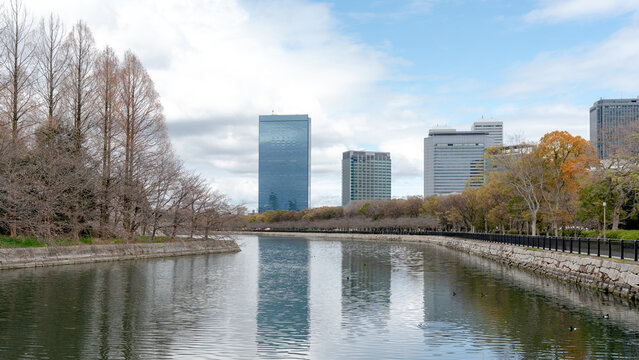 Serene view of Osaka Castle's Inner Moat in autumn