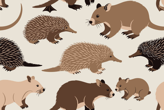 Seamless pattern features cute illustrations of australian native wildlife including echidnas, wombats, and platypuses.