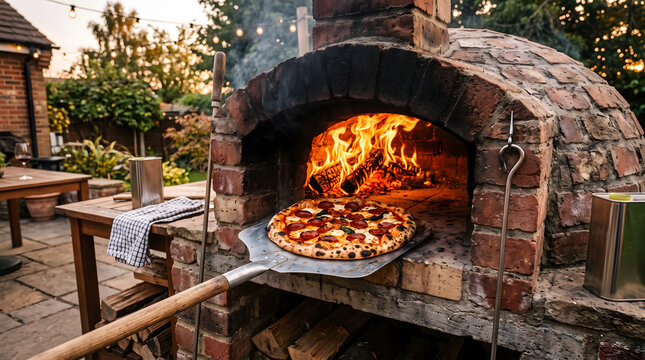 Outdoor pizza oven cooking pepperoni pizza backyard party