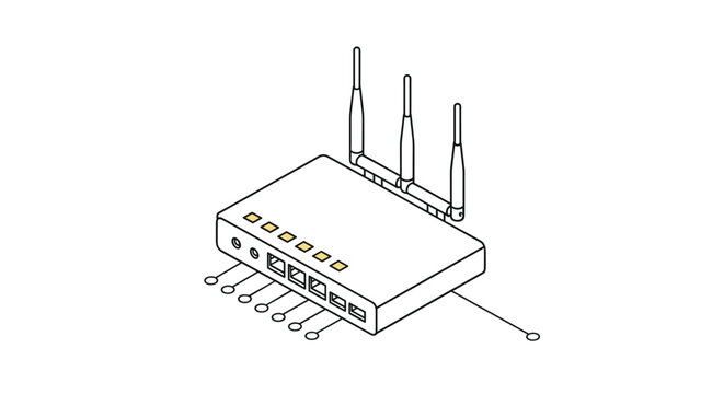 Technical line drawing of a modern wireless internet router with three antennas and ethernet ports in isometric view.