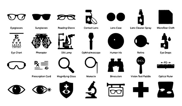Minimal eye care and vision vector icon set featuring glasses optometrist equipment eye charts and optical tools isolated on white background