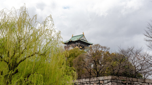Osaka Castle donjon peeking through lush greenery