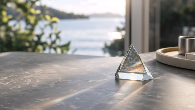 Glass triangular prism refracting sunlight on marble table. Rainbow light spectrum on grey surface with blurred ocean view background