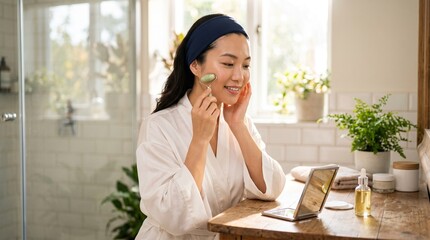 Fototapeta premium Asian woman using jade roller on face for facial massage. Anti aging skin care routine of girl in bathrobe at home. Beauty treatment, health wellness and natural cosmetic therapy.
