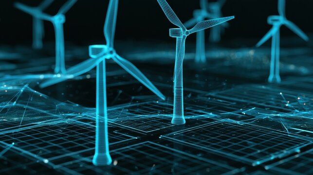 Futuristic renewable energy concept with glowing wind turbines and analytics