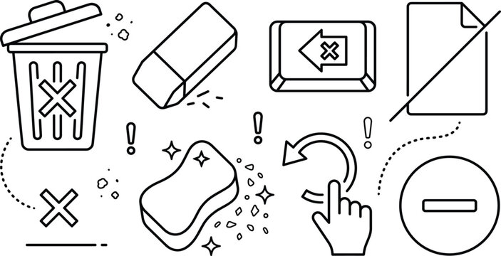 Delete remove and erase user interface digital tool line art vector set with trash bin eraser sponge backspace clear icons.