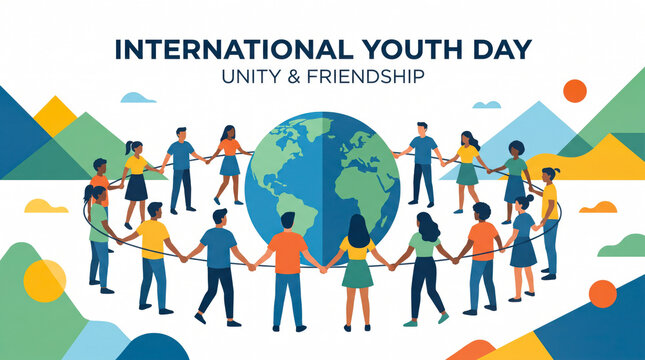 Diverse children holding hands around globe for international youth day