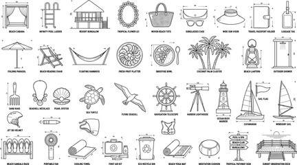 Fototapeta premium Tropical Beach Resort and Vacation Outline Icon Set with Coastal Travel, Summer Accessories, Outdoor Leisure, and Wellness Essentials