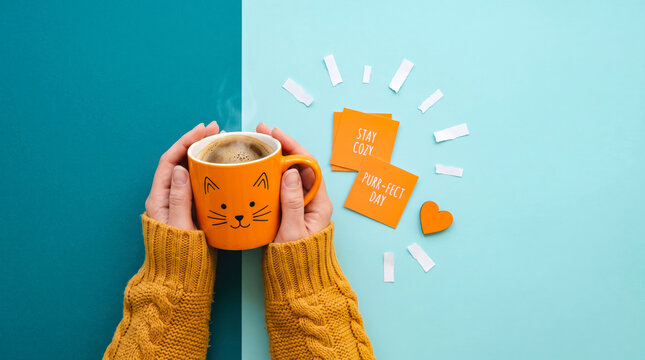 Hands holding cat face mug with cozy sweater