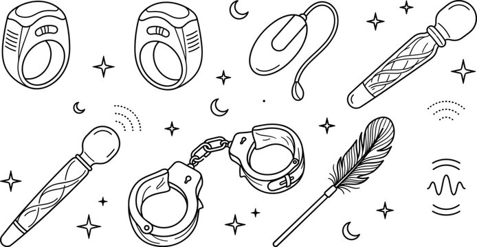 Adult sex toys and bdsm accessories line art vector set with vibrators massagers handcuffs feather tickler and rings.